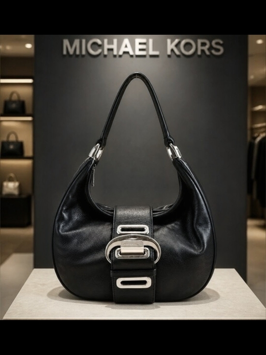 Michael Kors Handbags - Michael Kors Black Leather Shoulder Hobo with Silver Buckle Accent